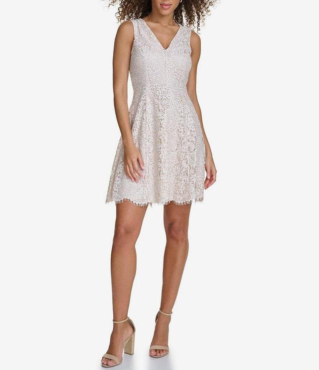 Kensie Metallic Lace V-Neck Sleeveless Fit and Flare Dress Product Image