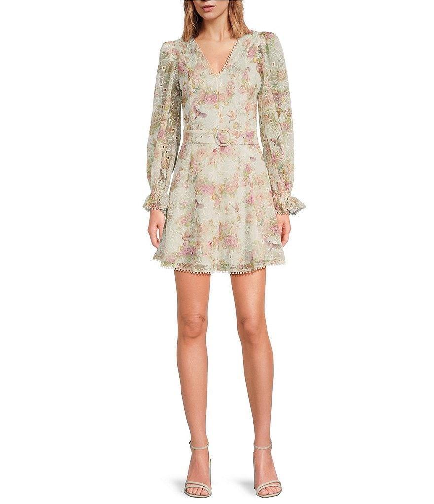 Lucy Paris Haisley Floral Print V Neck Long Sleeve Belted Mini Dress Product Image