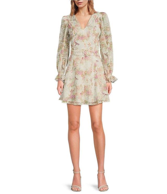 Lucy Paris Haisley Floral Print V Neck Long Sleeve Belted Mini Dress Product Image