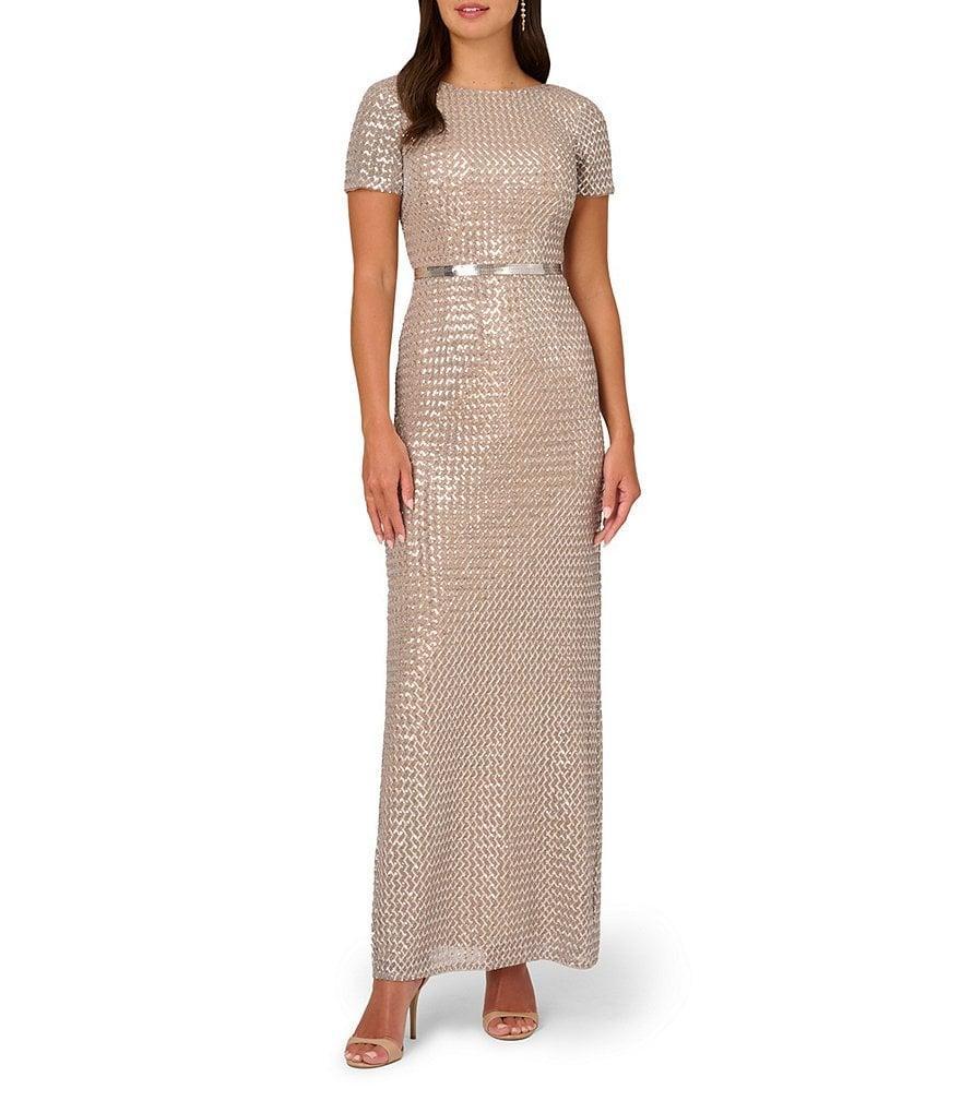 Adrianna Papell Sequin Beaded Mesh Crew Neck Short Sleeve Metallic Belt V-Back Gown Product Image