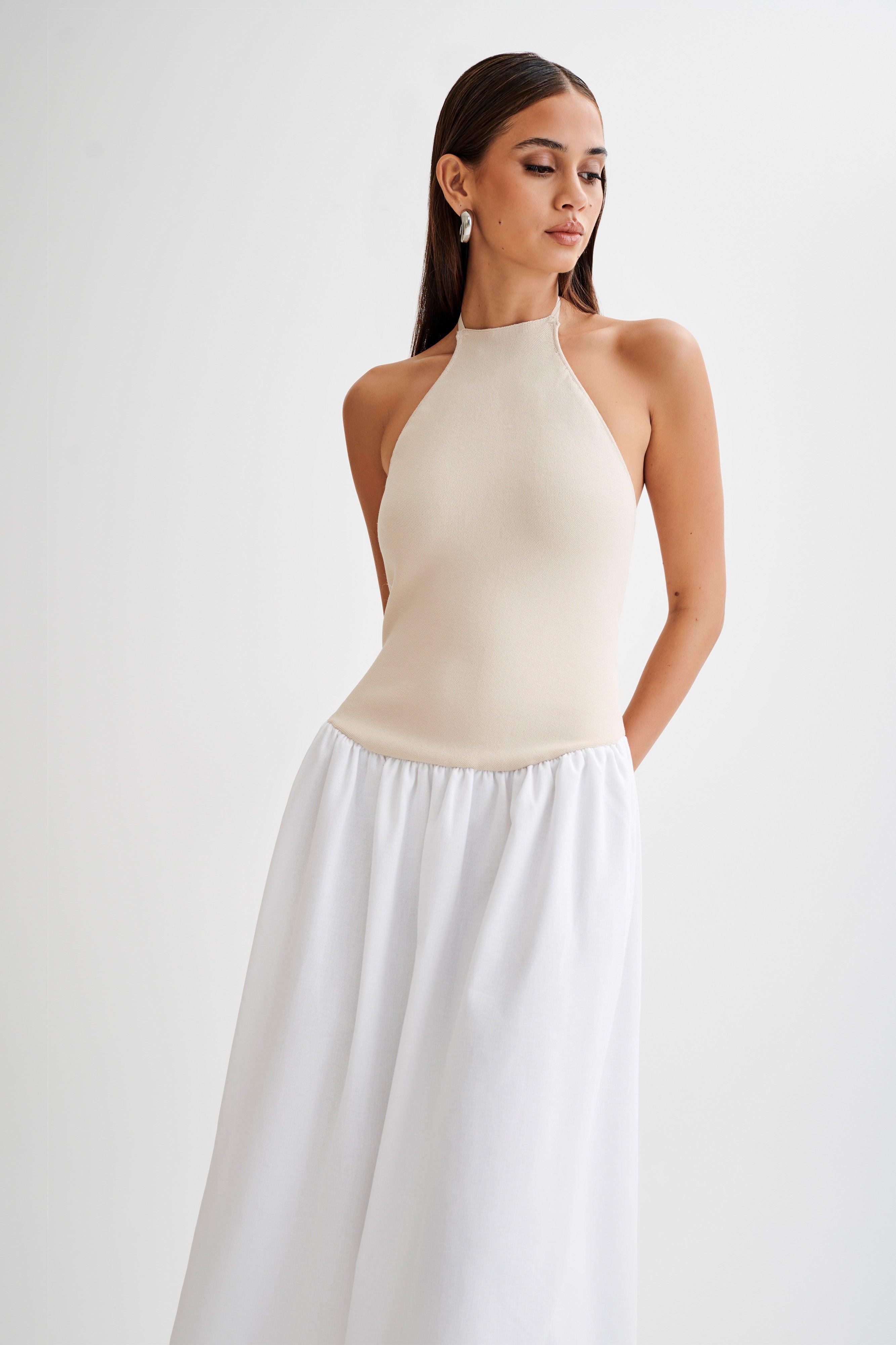 Katie Knit And Linen Midi Dress - Natural/White Product Image