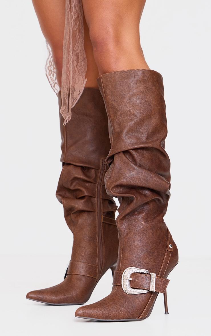 Brown Distressed Pu Point Toe Buckle Knee High Stiletto Heeled Boots Product Image