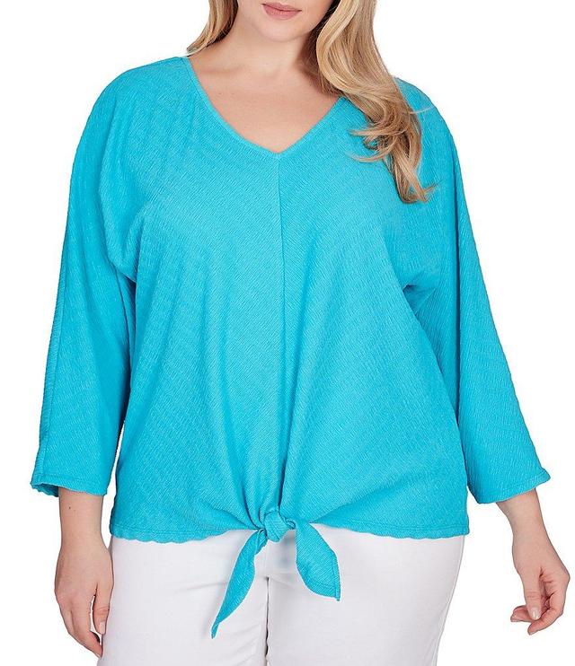 Ruby Rd. Plus Size Knit V-Neck 3/4 Sleeve Tie-Front Top Product Image