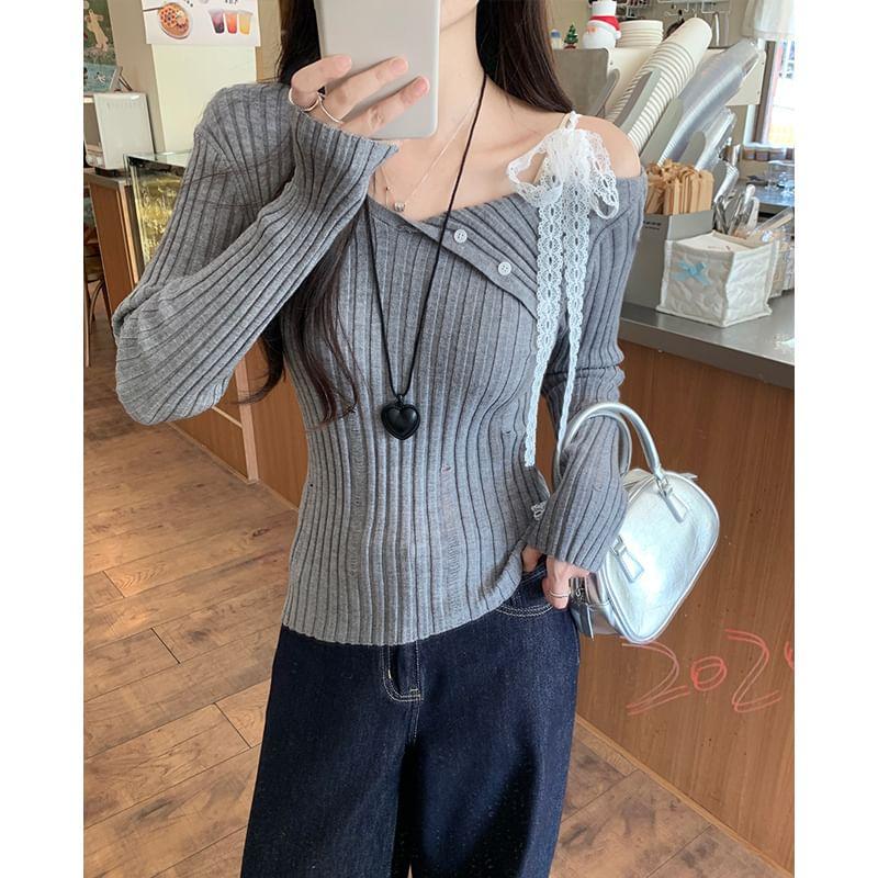 Cold-Shoulder Plain Distressed Ribbed Lace Trim Sweater Product Image