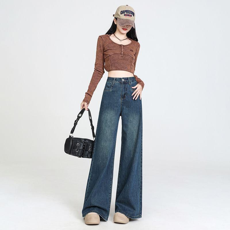 High Waist Washed Wide Leg Jeans Product Image