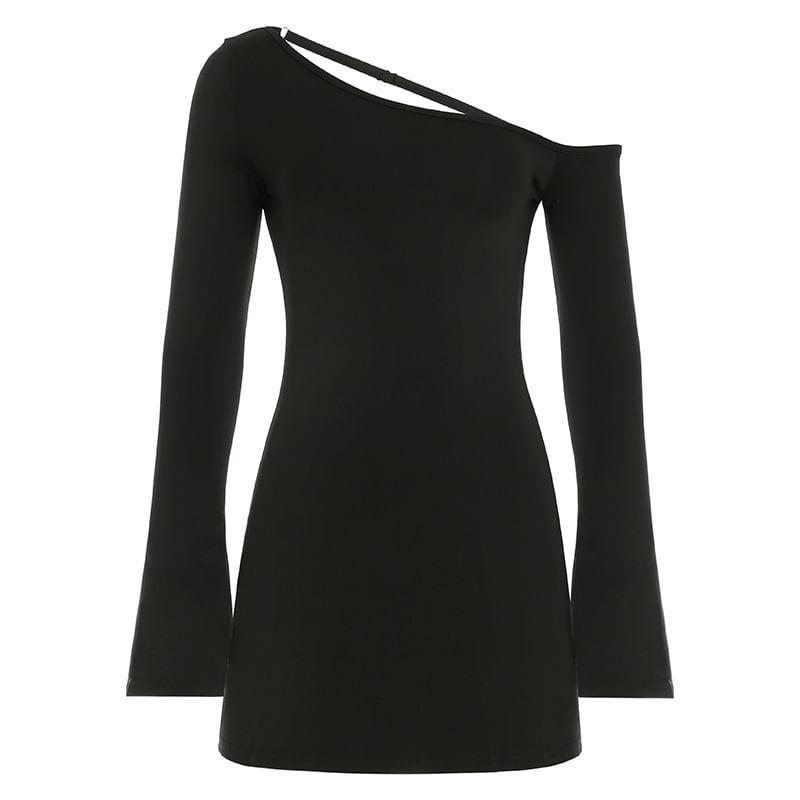 Bell Sleeve Plain Open-Back Slim-Fit Mini Bodycon Dress Product Image