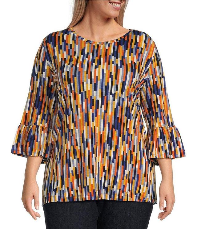 Multiples Plus Size Slub Knit Line Multi Print Scoop Neck 3/4 Ruffle Sleeve Top Product Image