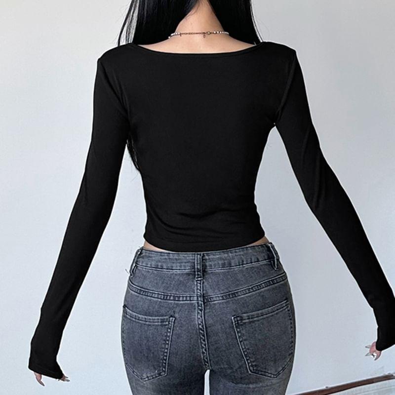 Long Sleeve Square Neck Plaid Panel Crop Top Product Image