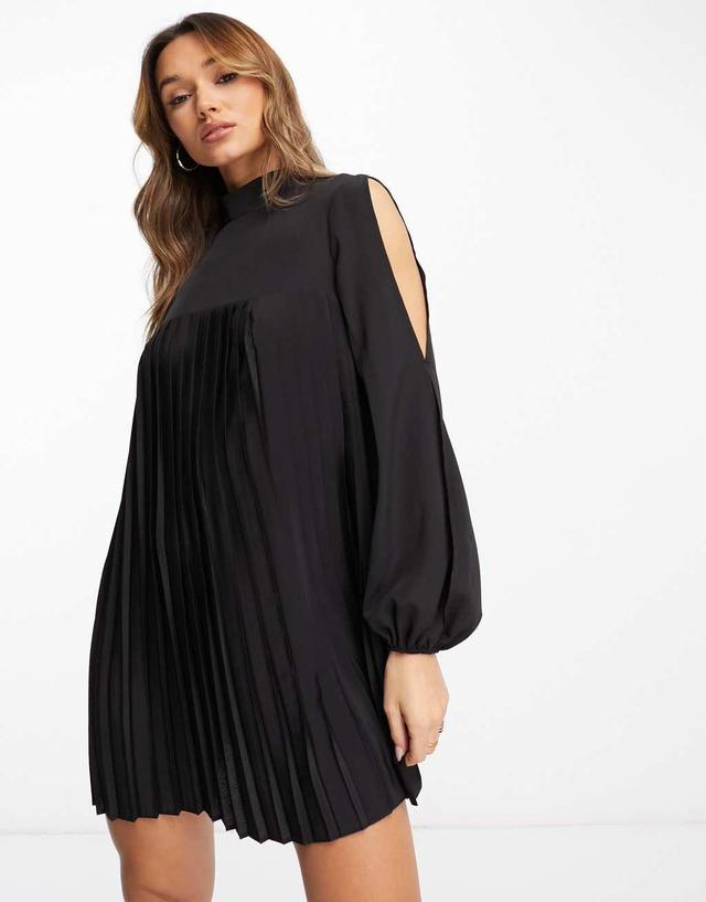 ASOS DESIGN high neck pleated trapeze mini dress with split sleeves in black  Product Image