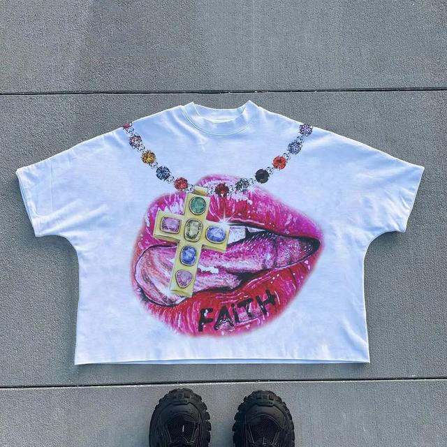 Vintage Faith Lips Graphic 100% Cotton T-Shirt Cropped Tees Product Image