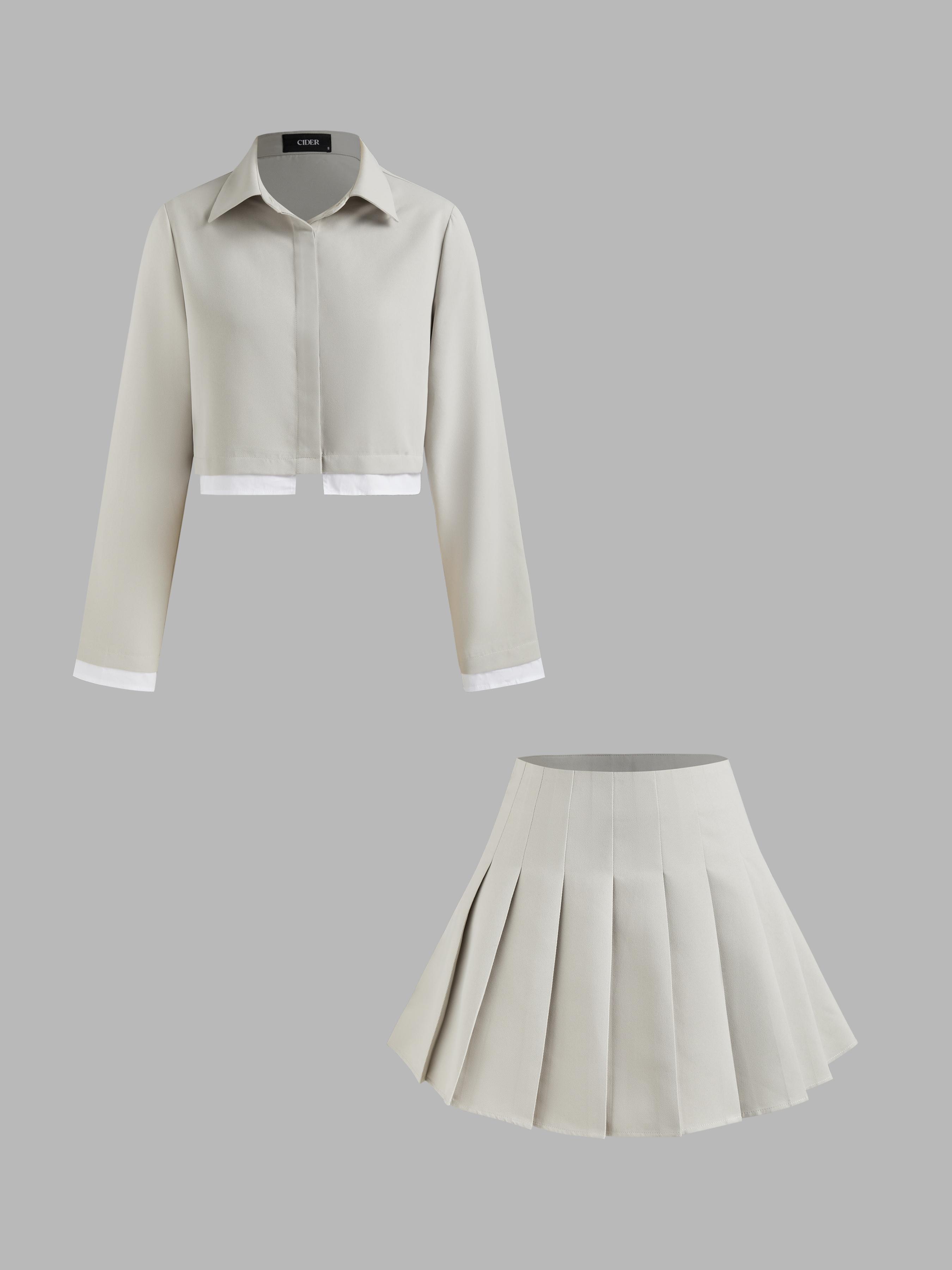 Collar Solid Contrasting Binding Long Sleeve Top & Mid Rise Solid Pleated Zipper Mini Skirt Product Image