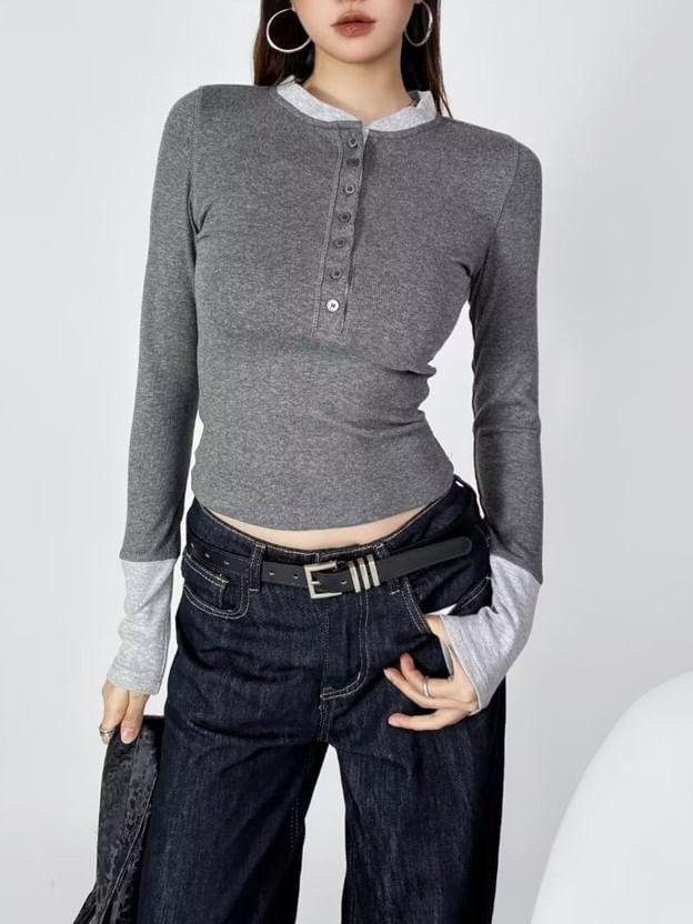 Mock Two-Piece Long-Sleeve Henley Two Tone Top Product Image