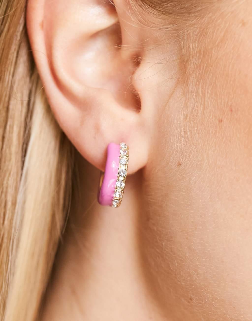 River Island pave hoop earrings in pink Product Image