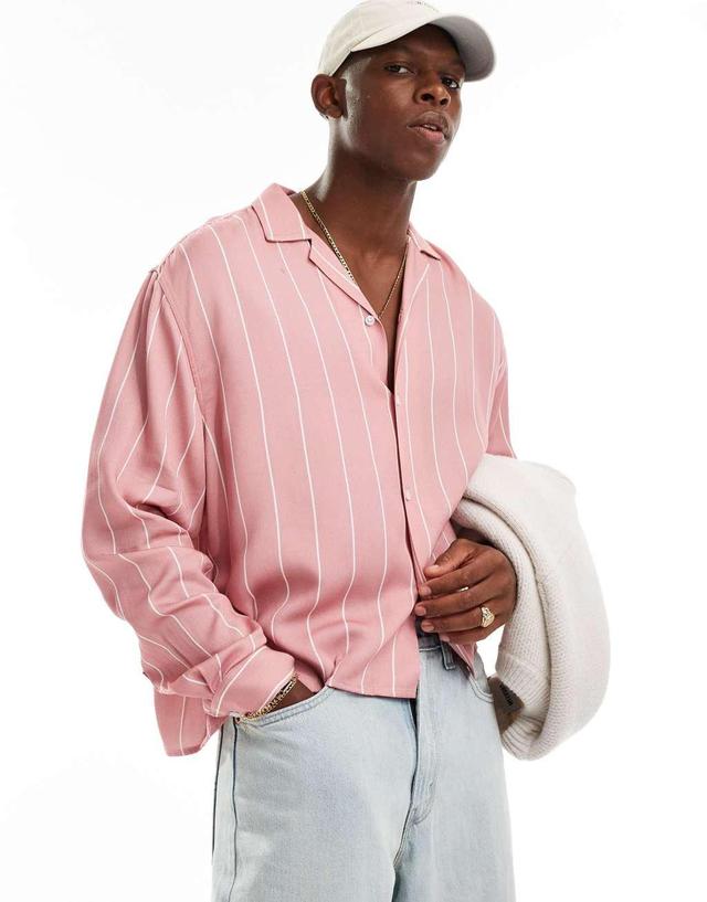 ASOS DESIGN oversized boxy shirt with revere collar in pink stripe  Product Image