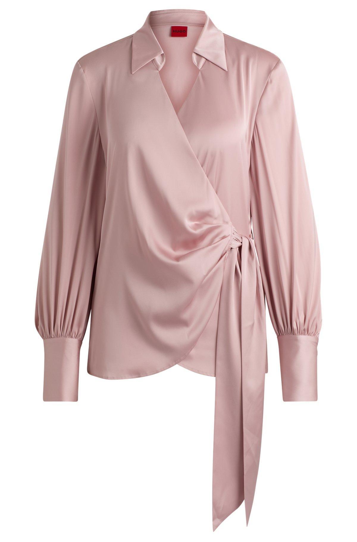 Slim-fit blouse with wrap front and statement cuffs Product Image