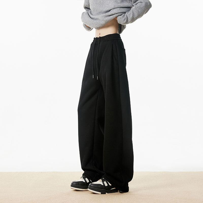 Drawstring Waist Plain Fleece-Lined Loose Fit Sweatpants Product Image