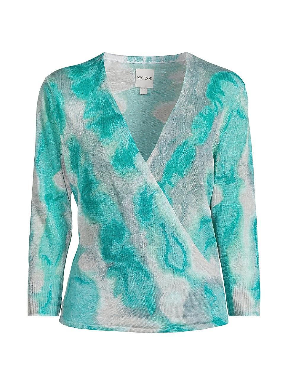 NIC+ZOE Watercolor Waves 4-Way Cardigan (Aqua Multi) Women's Sweater Product Image