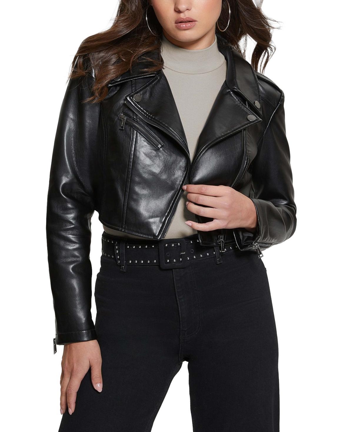 Guess Womens Rochelle Cropped Faux-Leather Moto Jacket Product Image