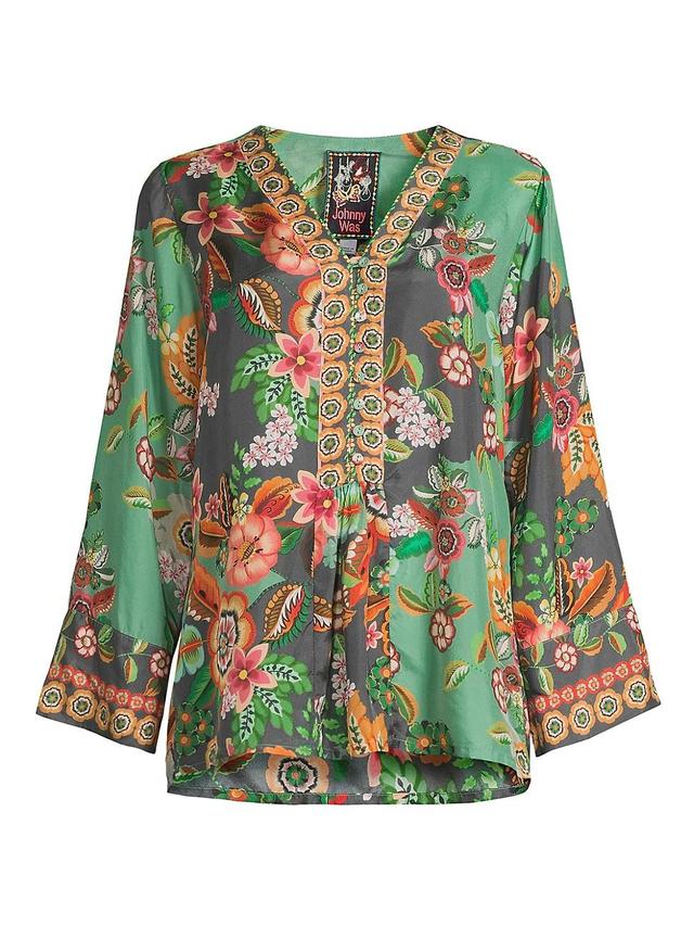 Womens Botina Floral Silk V-Neck Blouse Product Image