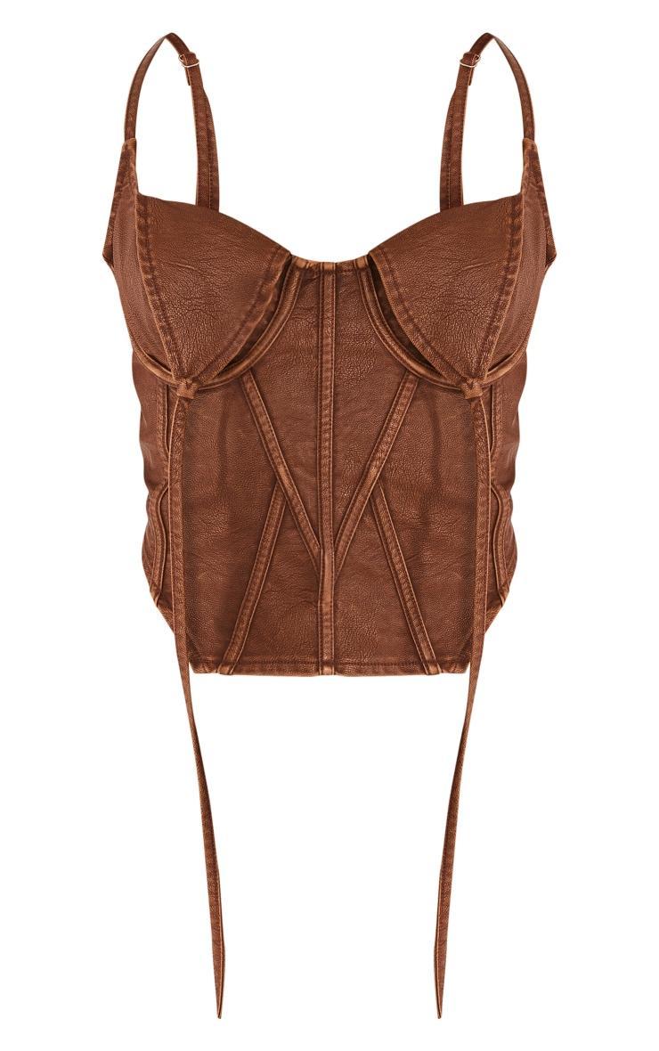 Brown Washed Faux Leather Under Wire Seam Detail Corset Product Image