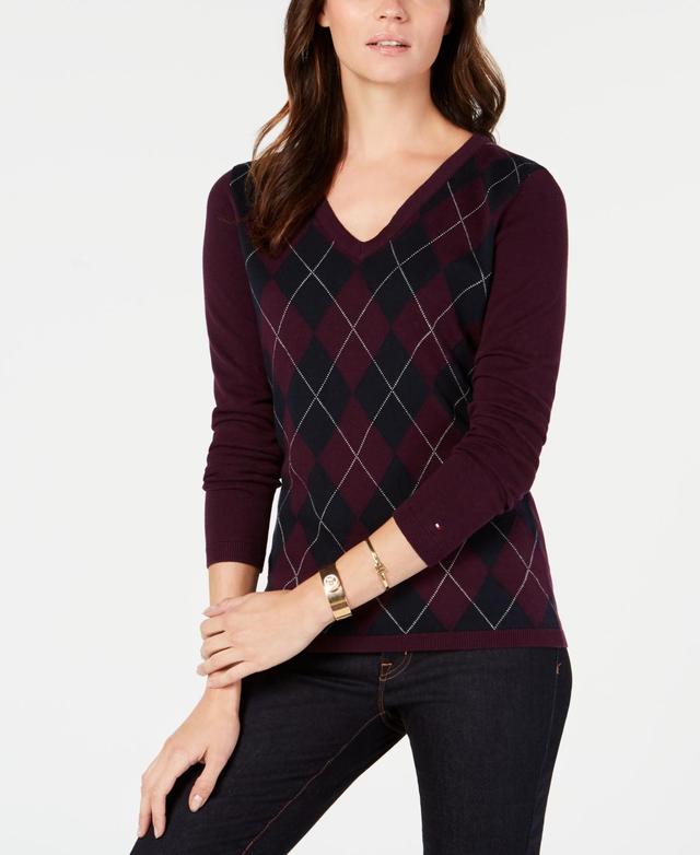 Tommy Hilfiger Womens Cotton Argyle V-Neck Sweater Product Image