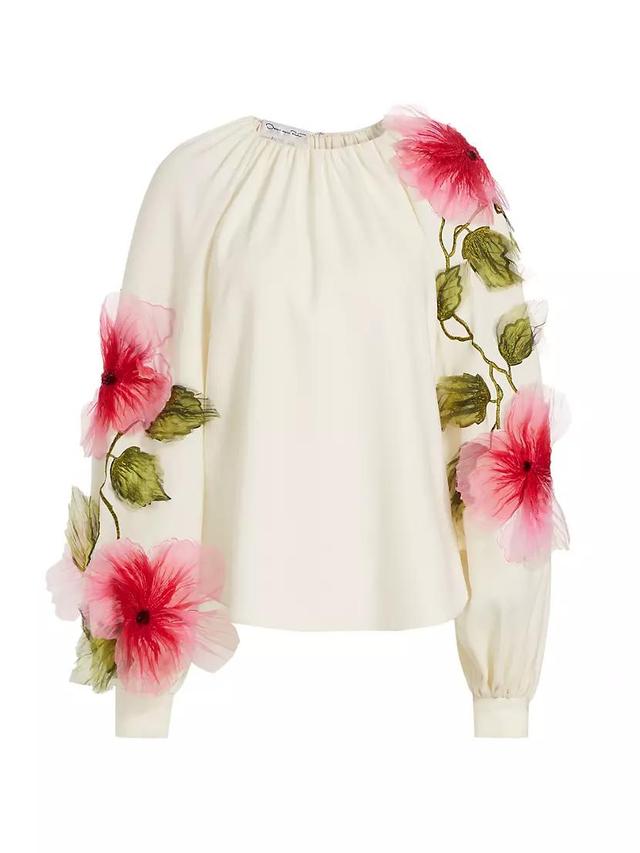 Appliqué Floral Hibiscus Silk-Blend Georgette Blouse Product Image