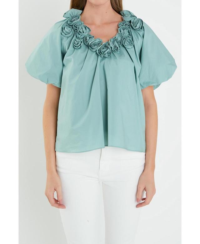 Womens Flower Neckline Puff Sleeve Top Product Image