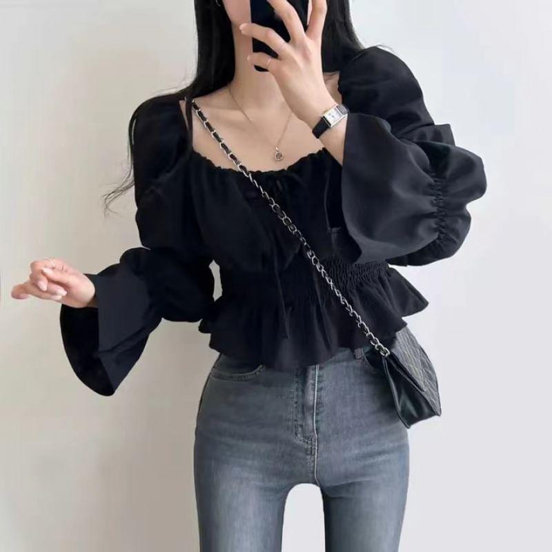 Long-Sleeve Square Neck Plain Bow Peplum Cropped Blouse Product Image