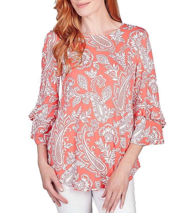 Ruby Rd. Petite Size Paisley Floral Print Knit Round Neck 3/4 Double Flounce Sleeve Top Product Image