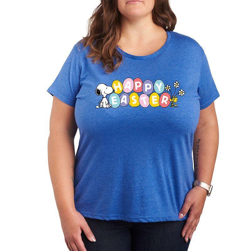 Plus Peanuts Snoppy & Woodstock Happy Easter Color Eggs Graphic Tee, Womens Grey Royal Blue Product Image