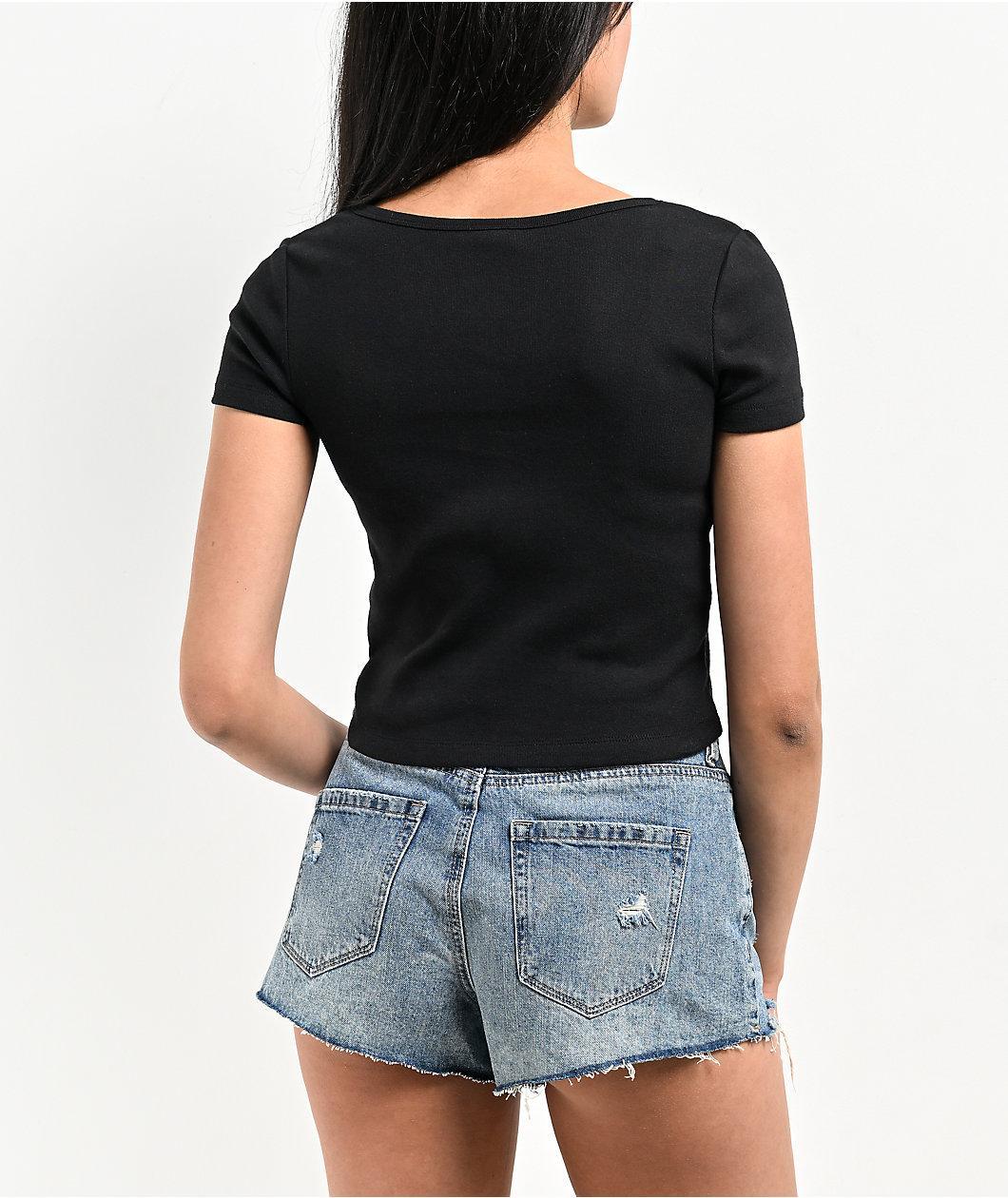 Zine Hannie Black Crop Henley T-Shirt Product Image