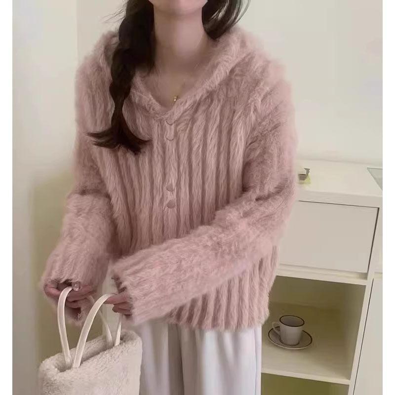 Plain Fluffy Hooded Button-Up Cardigan Product Image