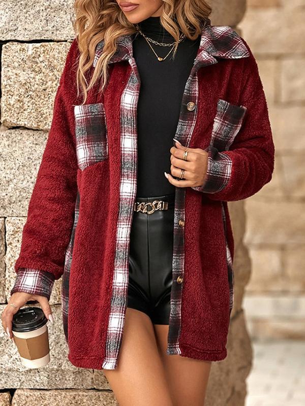 Long Sleeves Loose Buttoned Plaid Pockets Split-Joint Lapel Outerwear Product Image