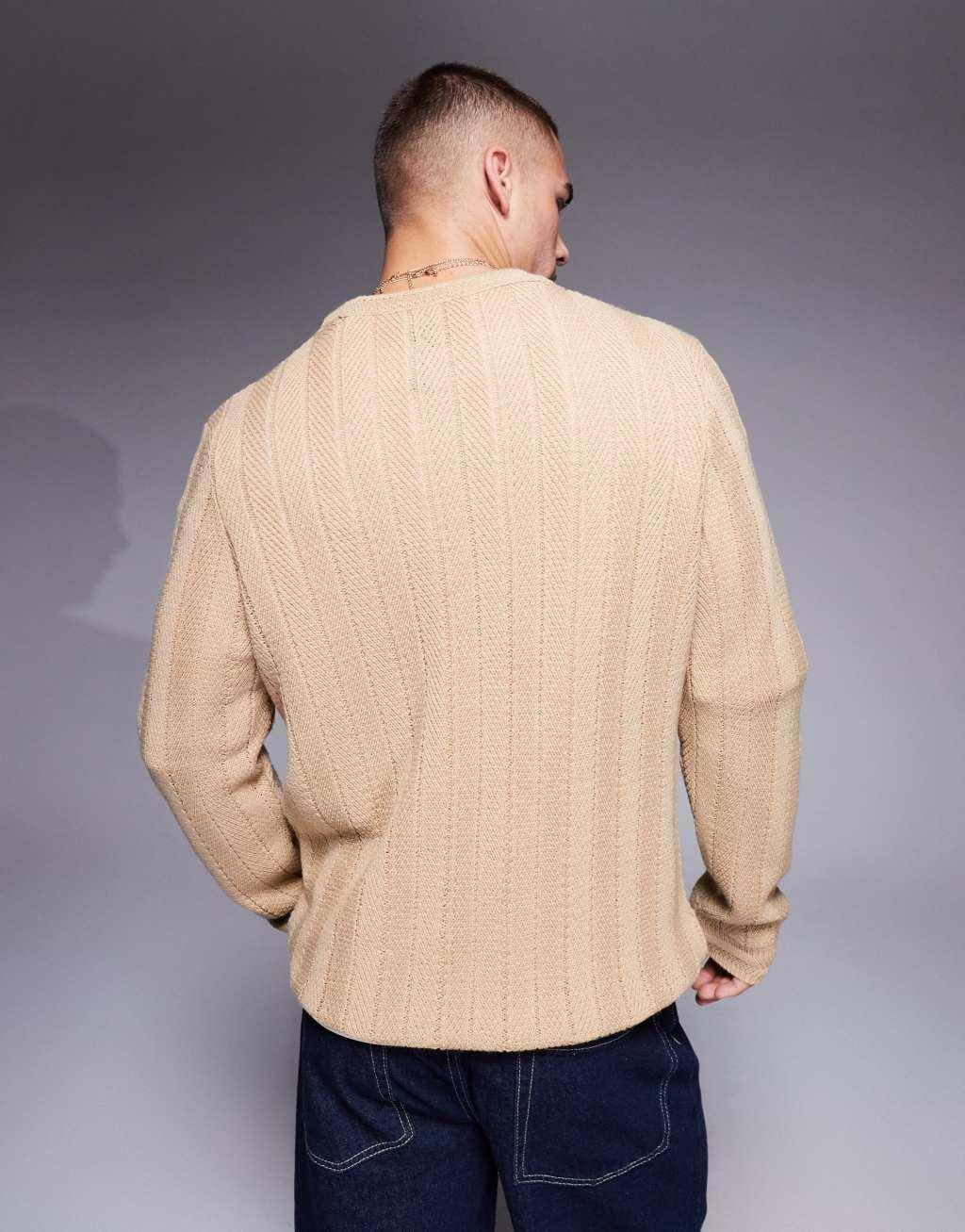 ASOS DESIGN knitted sweater with contrast rib in stone Product Image