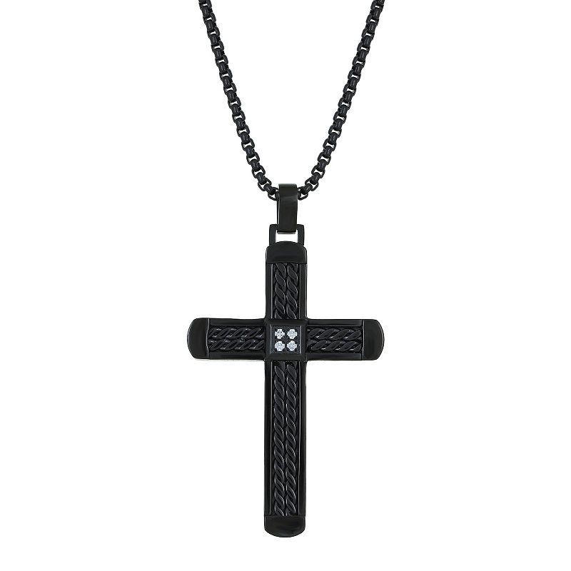 Mens LYNX Black Ion Plated Stainless Steel Diamond Accent Cross Pendant Necklace Product Image