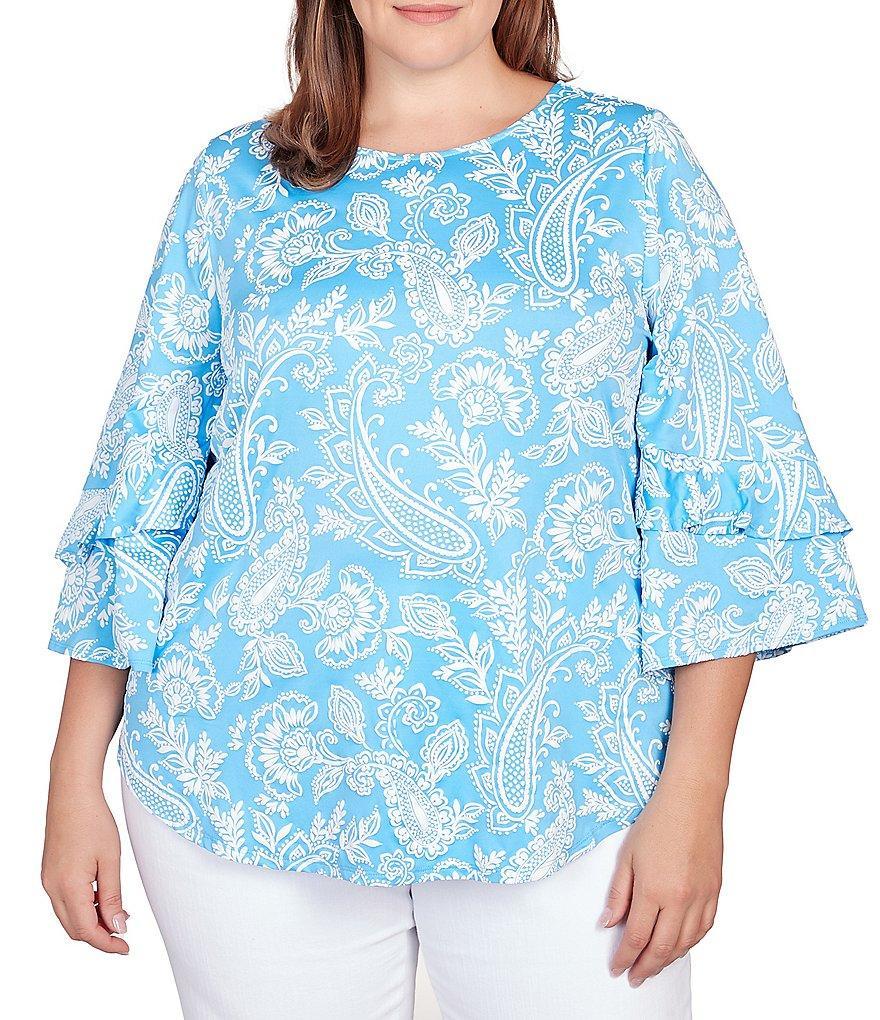 Ruby Rd. Plus Size Paisley Floral Print Knit Scoop Neck Double Flounce Sleeve Top Product Image