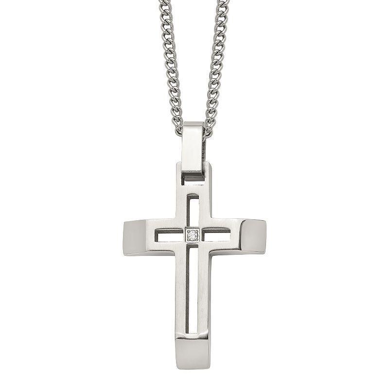 Mens Stainless Steel Cubic Zirconia Cross Pendant Necklace, White Product Image