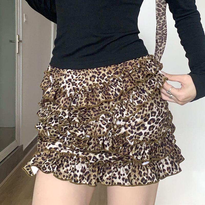 High Rise Leopard Ruffle Trim  A-Line Mini Skirt Product Image