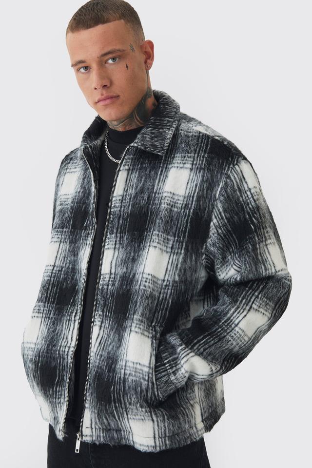 Tall Brushed Plaid Collared Harrington Jacket In Black | boohooMAN USA Product Image