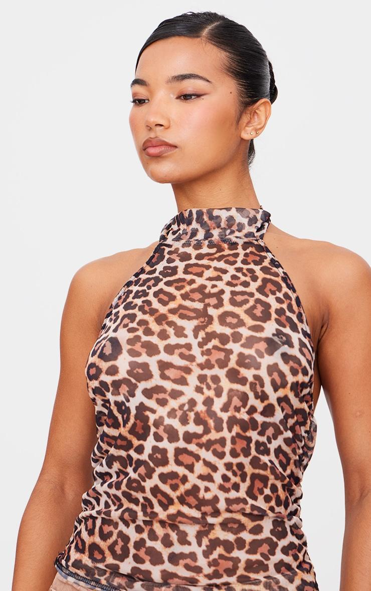 Brown Leopard Print Mesh High Neck Backless Long Top Product Image