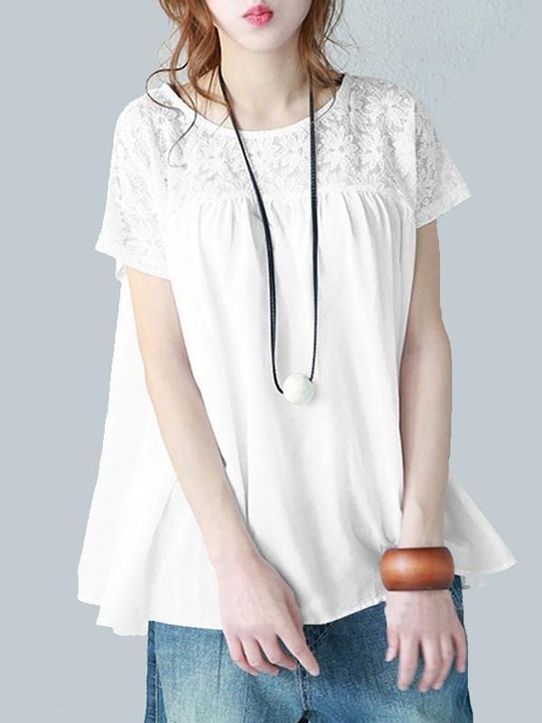 Vintage Solid Color Split-Joint Pleated Embroidered Hollow Lace Round-Neck Short Sleeves T-Shirt product image