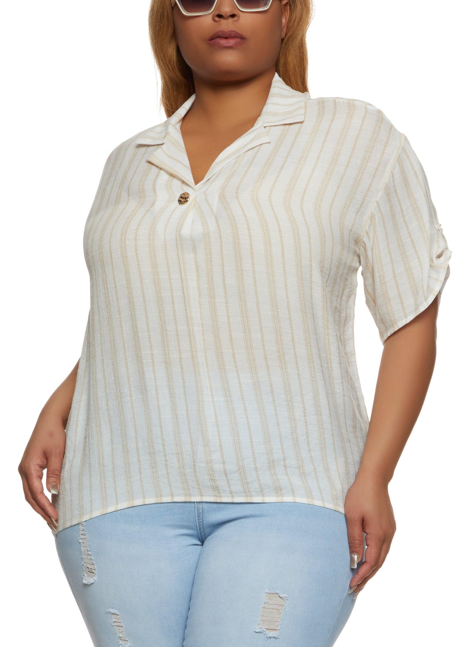 Womens Plus Size Striped Gauze Knit Tabbed Sleeve Shirt Product Image