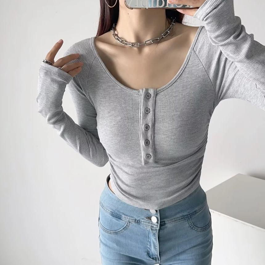 Off-Shoulder Long-Sleeve Plain Shirred Henley T-Shirt Product Image