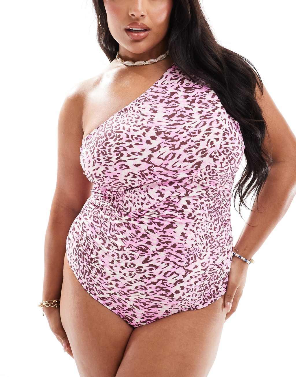 Vero Moda Curve ruched one shoulder swimsuit in pastel lavender leopard print Product Image