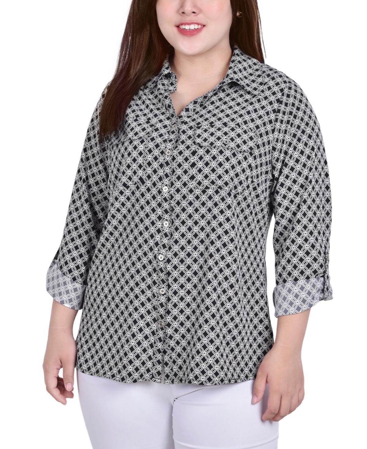 Ny Collection Plus Size 3/4 Sleeve Roll Tab Notch Collar Blouse Product Image