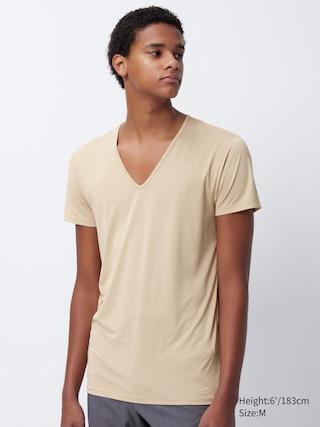 Mens Airism V-Neck T-Shirt with Odor Control Beige Medium UNIQLO US Product Image