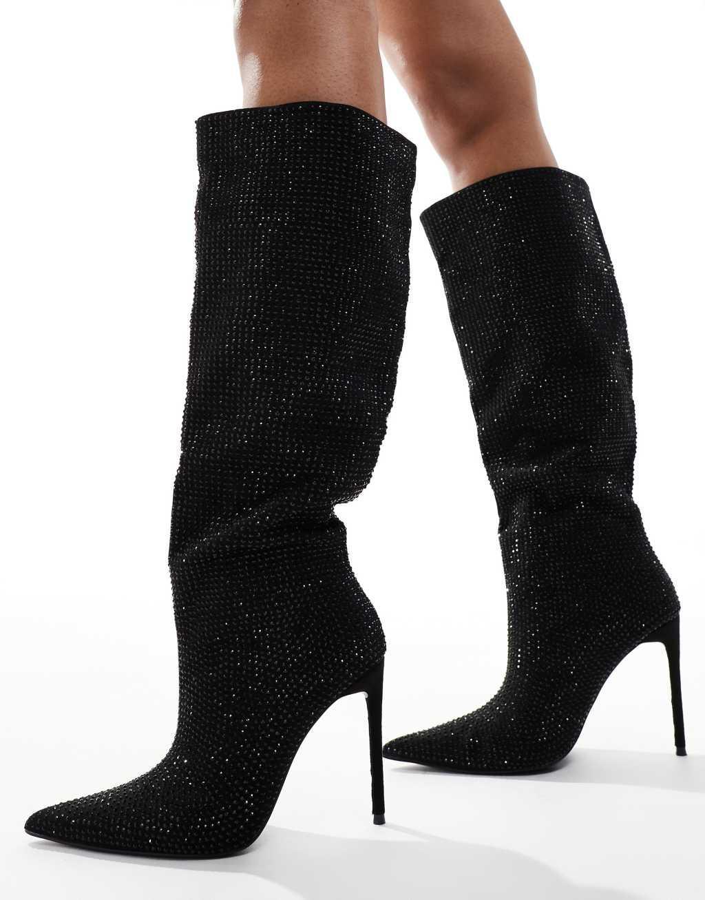 Public Desire Lothario Diamante embellished stiletto pointed knee boots black Product Image