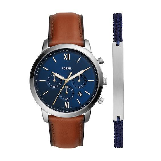 Men's Fossil Neutra Chrono Chronograph Brown Leather Strap Watch with Blue Dial and Bracelet Set (Model: Fs5708Set) Product Image