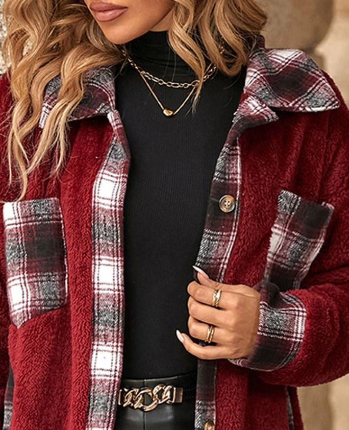 Collared Plaid Panel Button-Up Coat Product Image