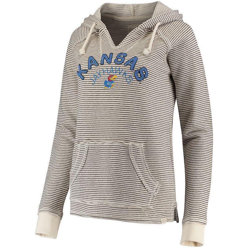 Womens Blue 84 Cream Kansas Jayhawks Striped French Terry V-Neck Pullover Hoodie Beige Over Product Image